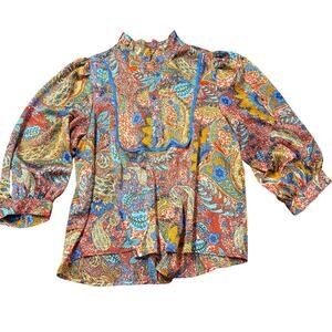 Joy joy Womens silk-like blouse, reds, blues, marigold paisley floral pattern, L